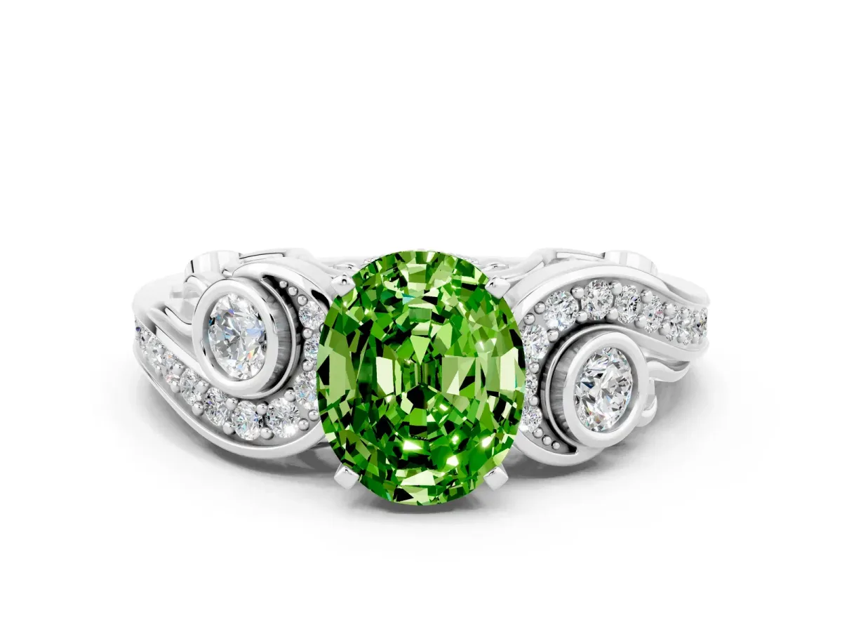 Oval Cut Peridot Solitaire Ring with Milgrain Pavé Band and Four-Prong Setting Silver
