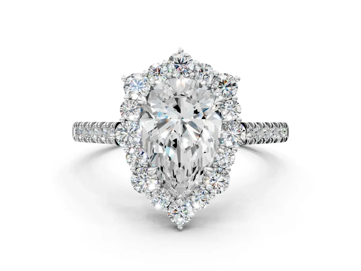 Pear Cut Halo Diamond Ring with Pavé Band and Prong Setting Silver