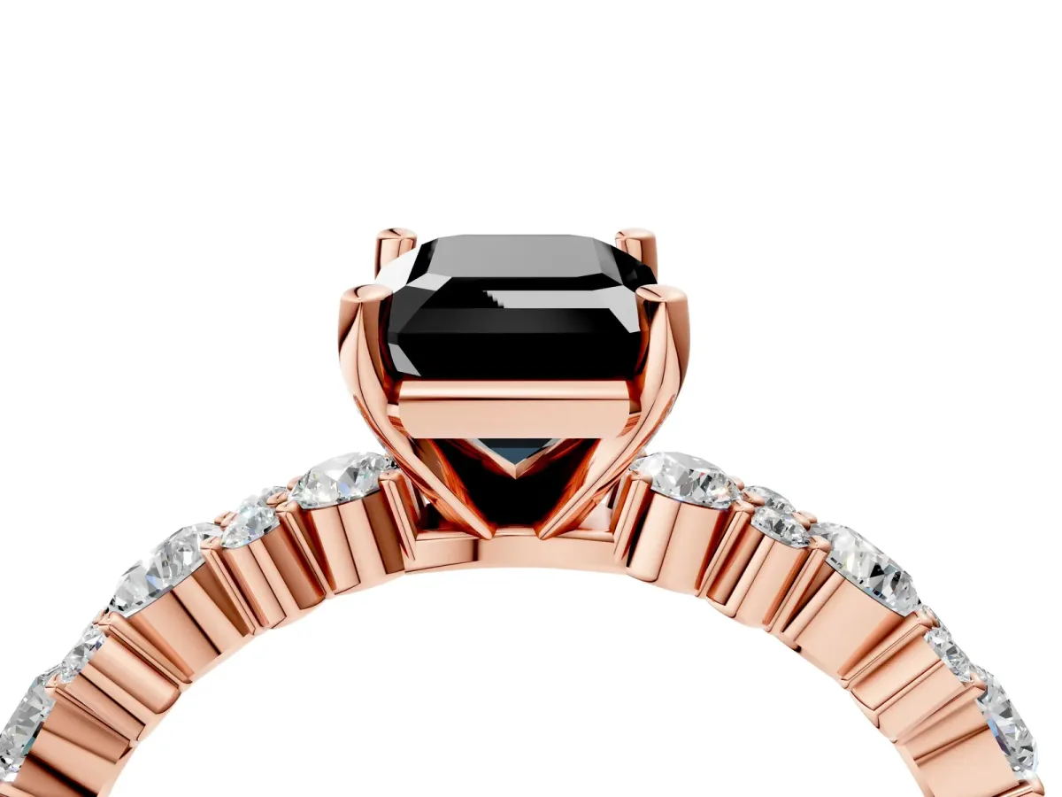 Fancy Black Emerald Cut Diamond Side Stone Solitaire Ring with Round and Four-Prong Setting Rose gold