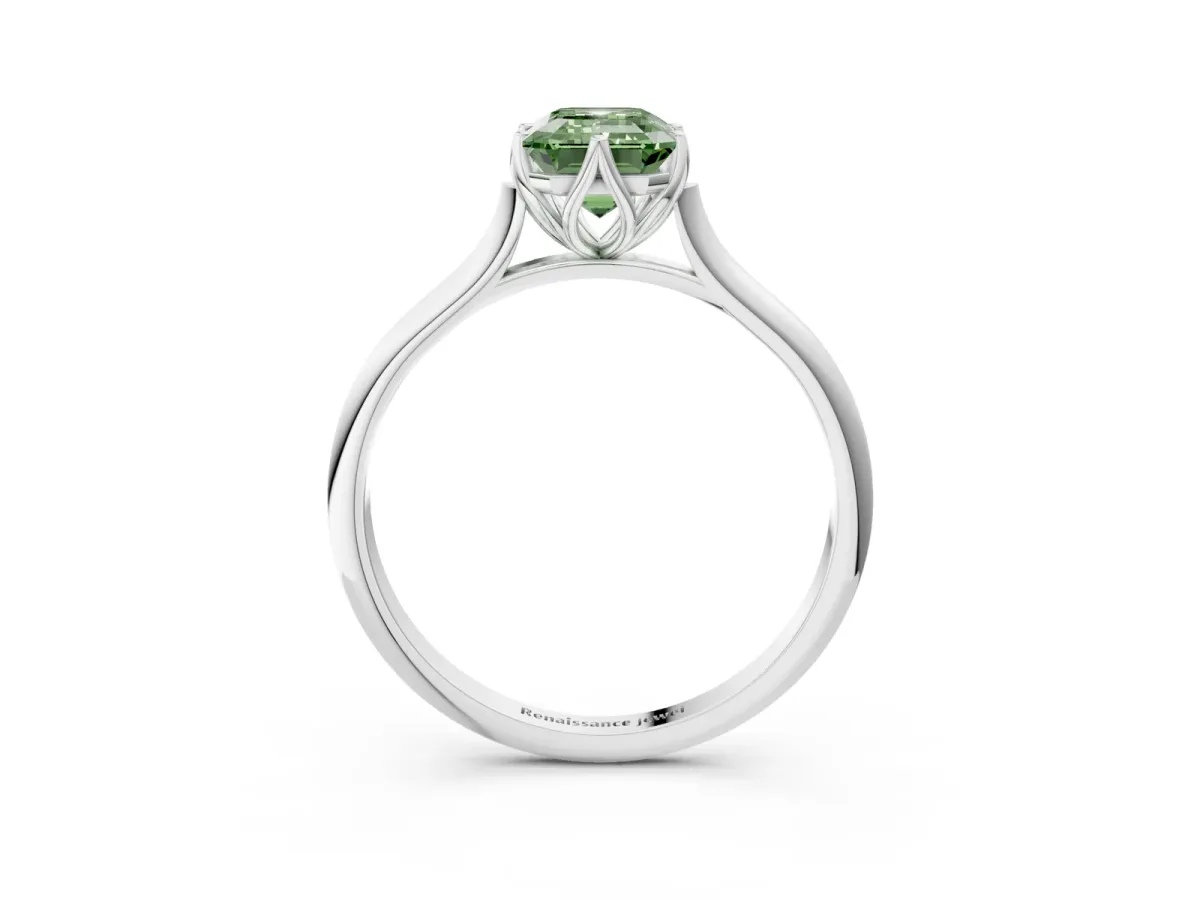 Fancy Green Emerald Cut Solitaire Cathedral Diamond Ring with Six-Prong Setting Silver
