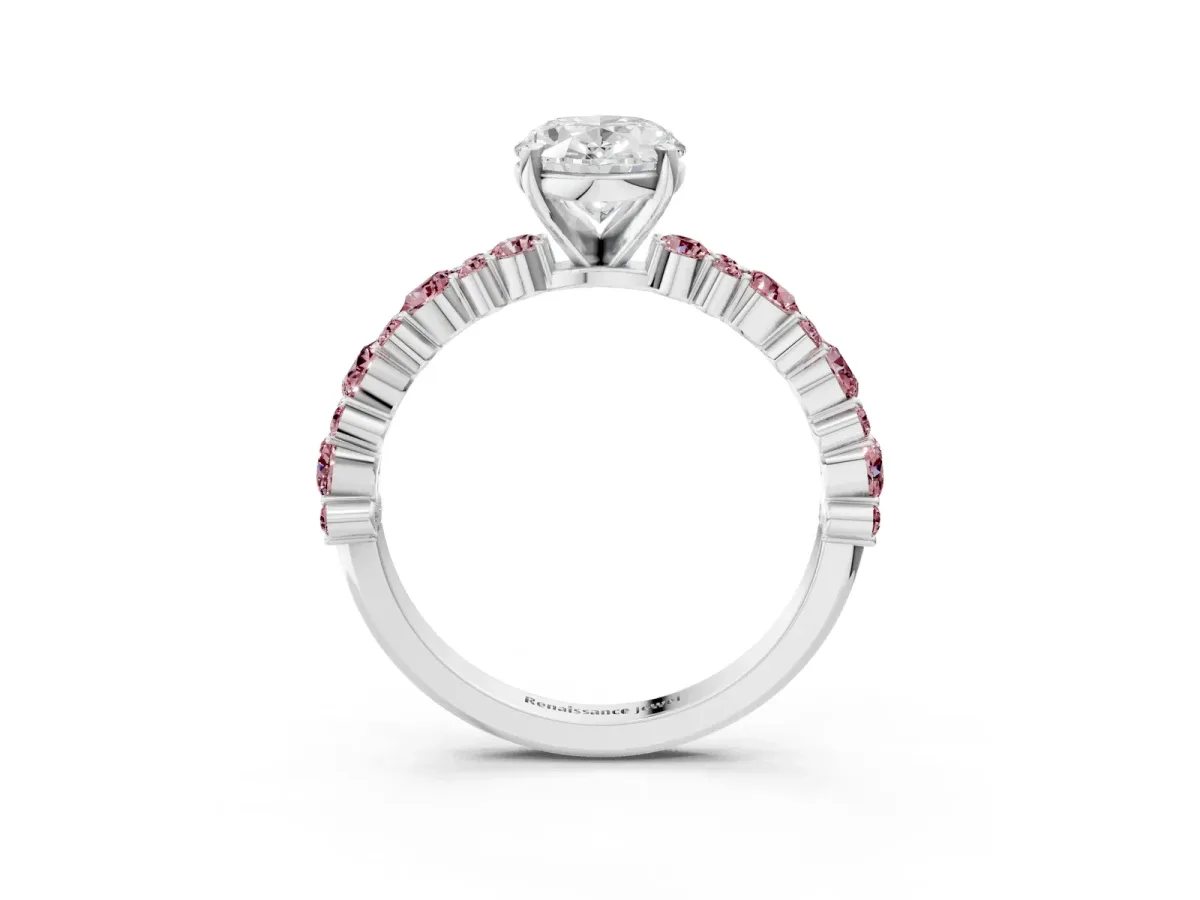 Oval Cut Diamond Side Stone Solitaire Ring with Round Morganite and Four-Prong Setting Silver