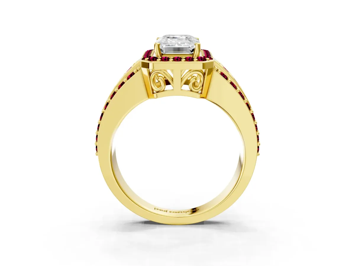 Emerald Cut Halo Diamond Ring with Round Garnet Split Shank and Prong Setting Yellow gold