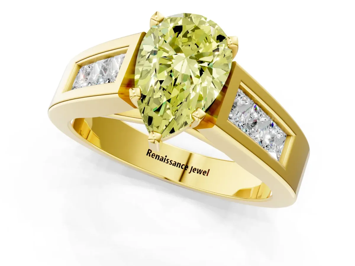 Fancy Yellow Pear Cut Cut Channel Set Solitaire Ring with Four-Prong Setting Yellow gold