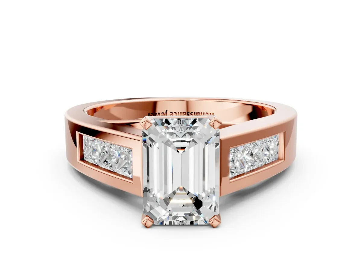Emerald Cut Cut Channel Set Solitaire Ring with Four-Prong Setting Rose gold
