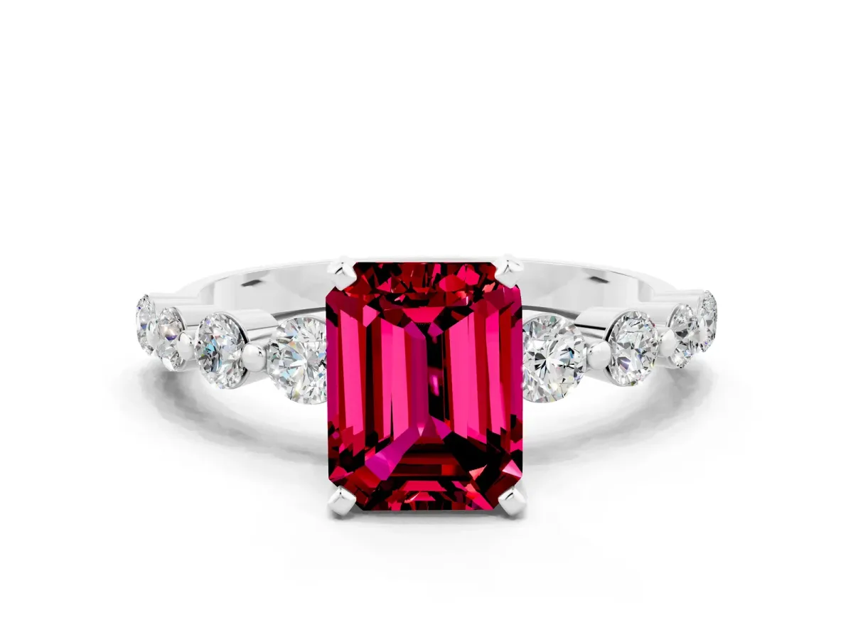 Emerald Cut Solitaire Garnet Ring with Pave Band and Four-Prong Setting Platinum