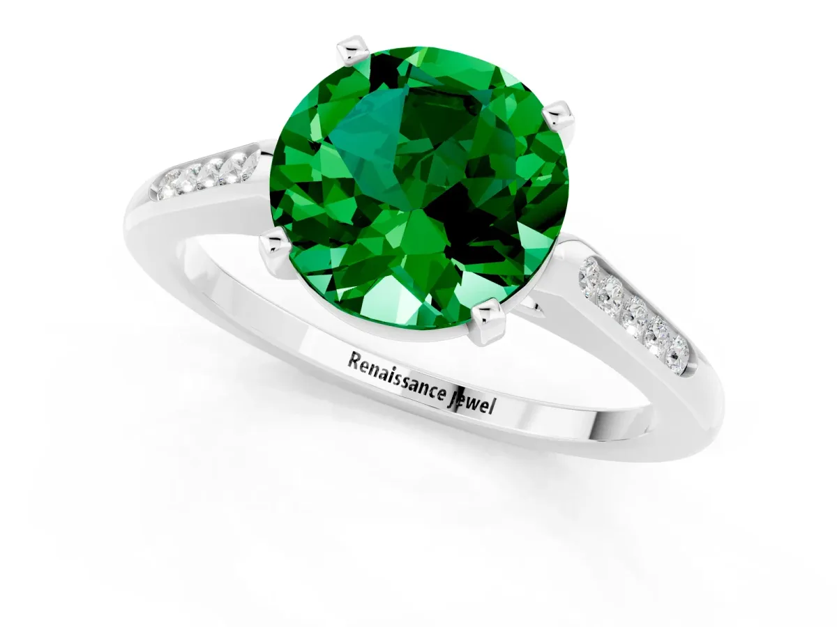 Round Cut Emerald Solitaire Ring with Channel Set Round Band and Prong Setting Platinum