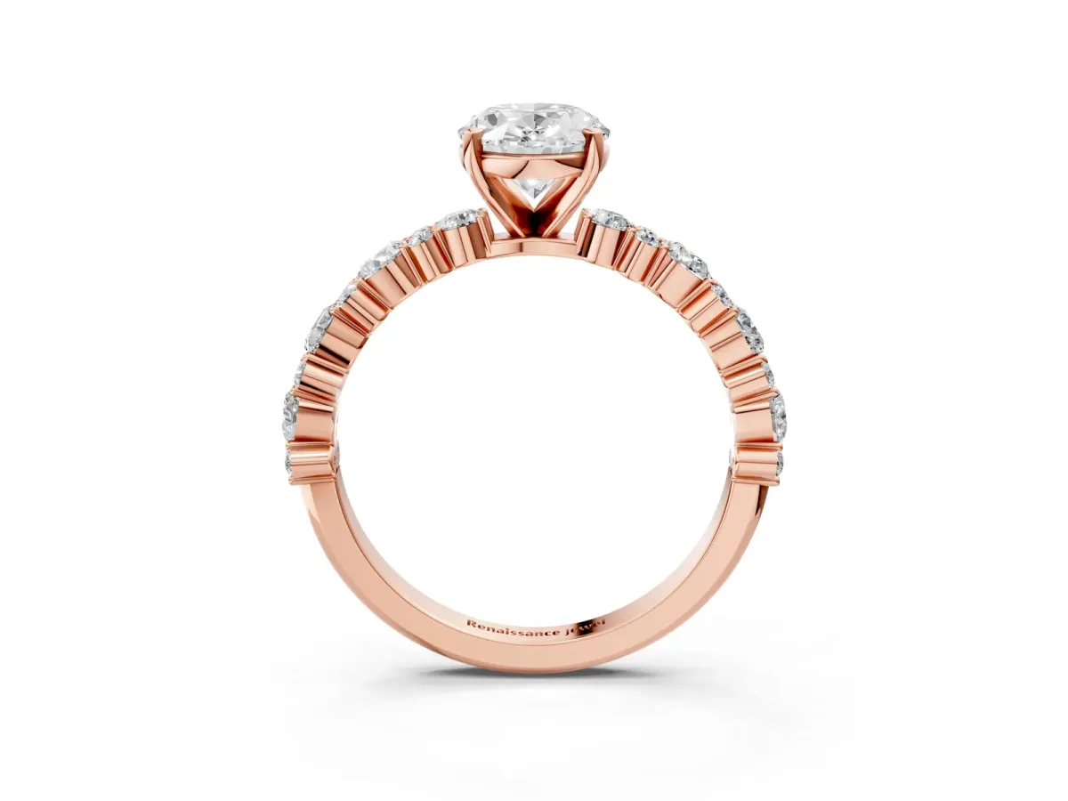 Oval Cut Diamond Side Stone Solitaire Ring with Round and Four-Prong Setting Rose gold