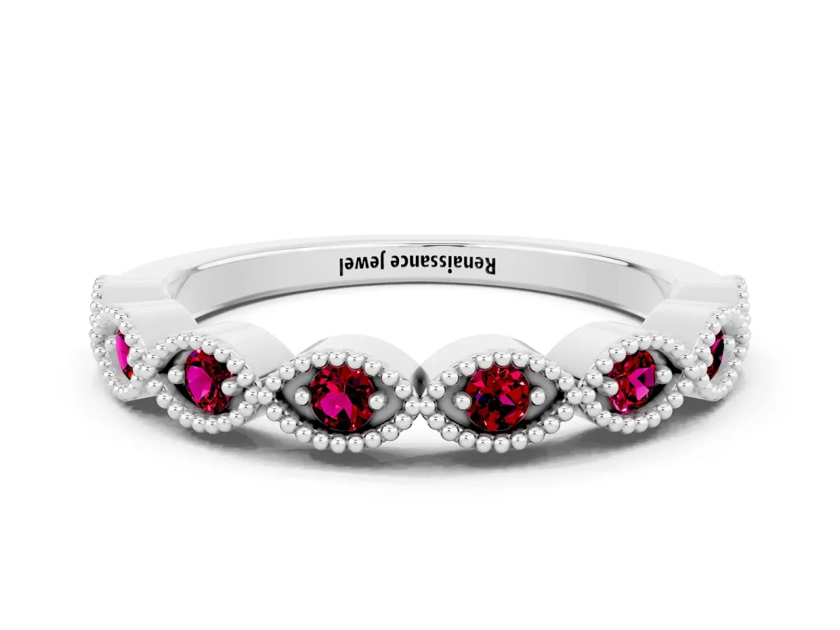 Milgrain Marquise Garnet Half Eternity Band with Bezel Setting Platinum