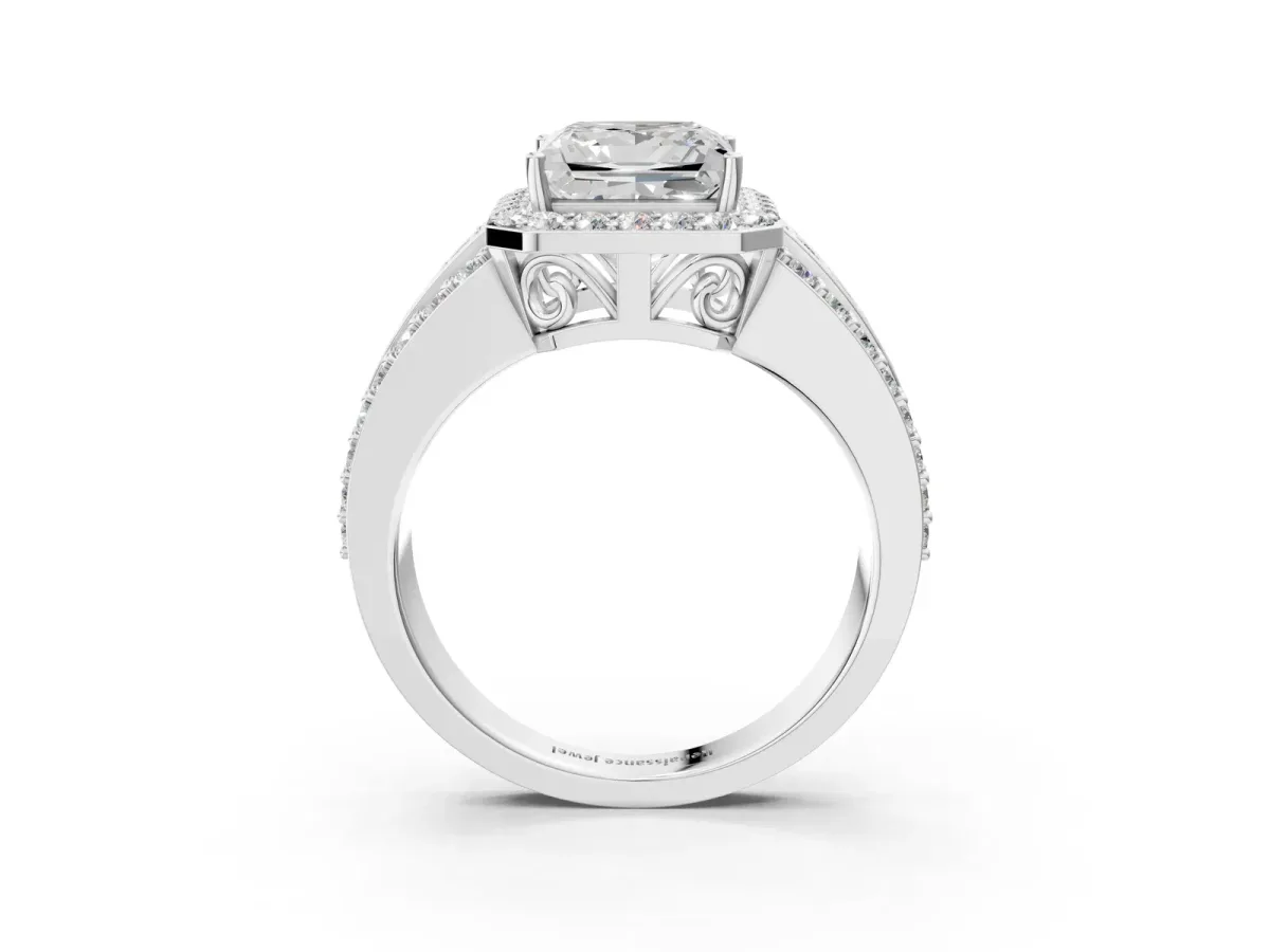 Princess Cut Halo Diamond Ring with Round Split Shank and Prong Setting Silver