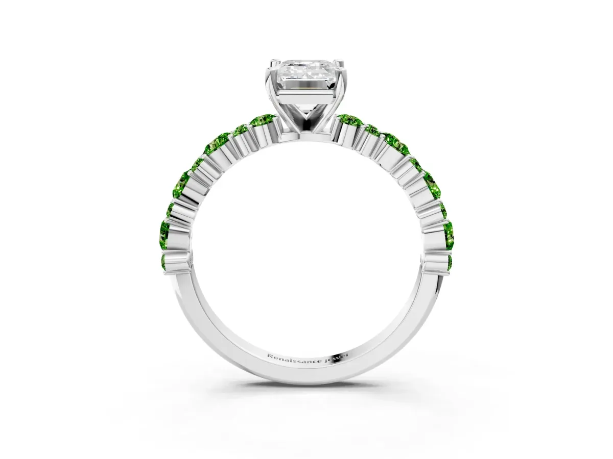 Emerald Cut Diamond Side Stone Solitaire Ring with Round Peridot and Four-Prong Setting Silver