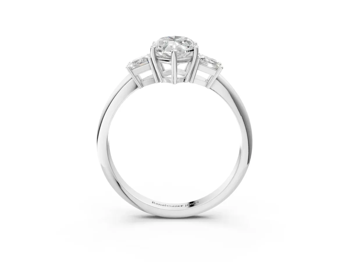 Marquise Cut Diamond Three-Stone Ring with Trapezoid Side Stones and Prong Setting White gold