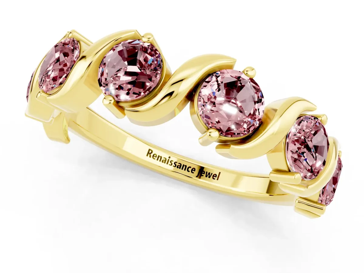 Six-Stone Round Morganite Wave Band with Shared Prong Setting Yellow gold