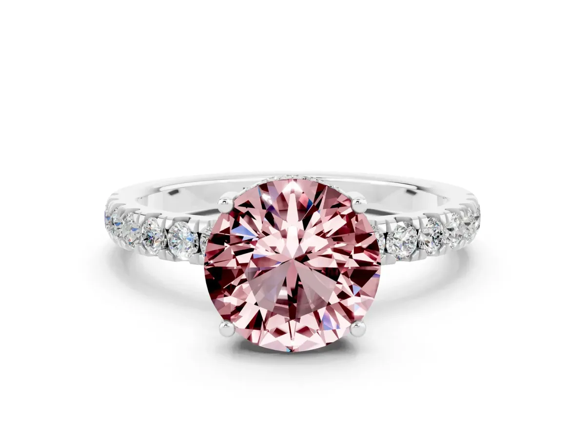 Round Cut Morganite Pave Band Solitaire Ring with Round and Prong Setting Platinum