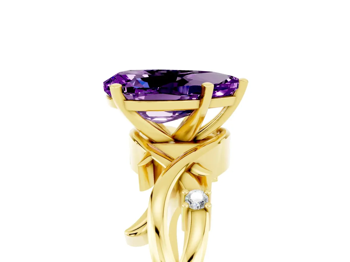 Pear Cut Amethyst Solitaire Ring with Twisted Band and Prong Setting Yellow gold