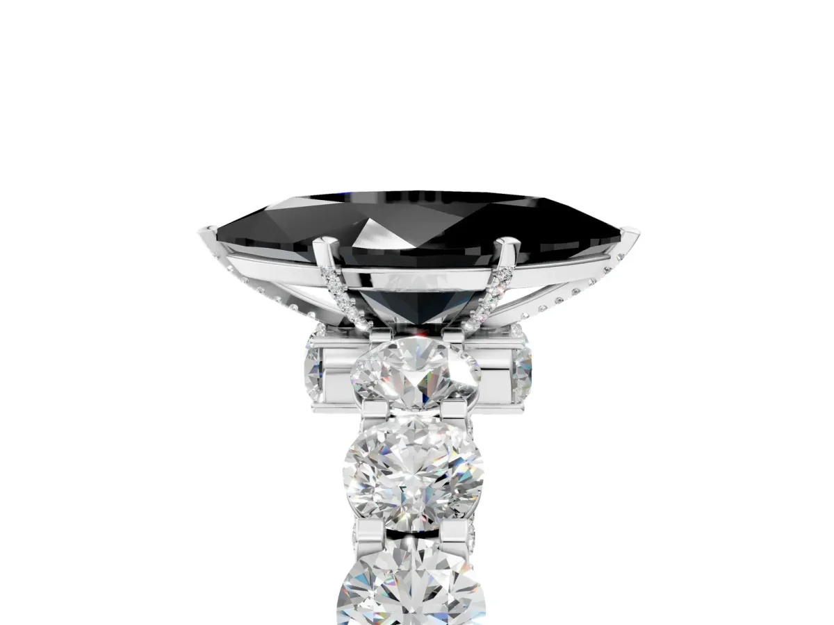 Fancy Black Marquise Cut Diamond Side Stone Engagement Ring with Four-Prong Setting White gold