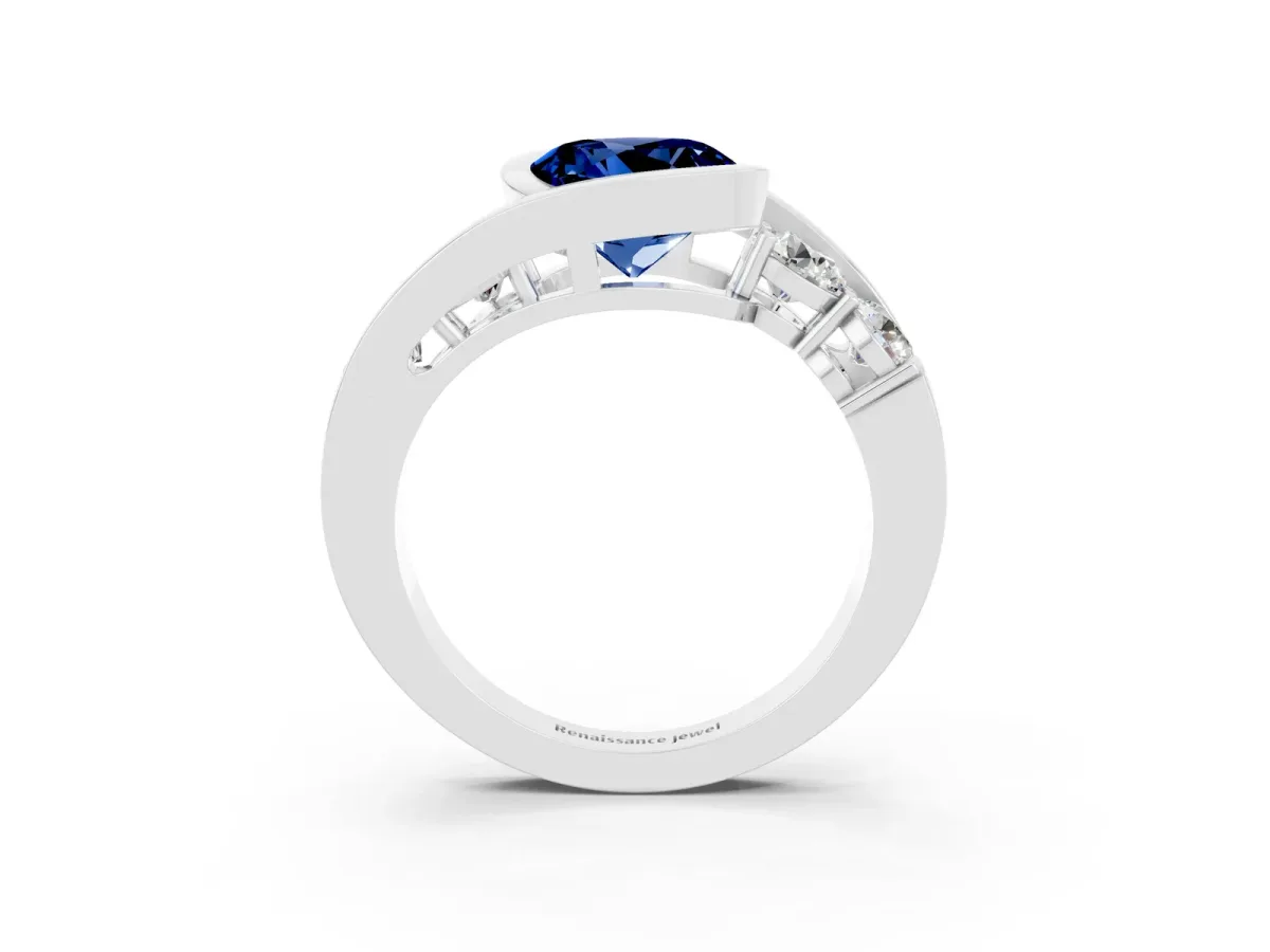Bezel Set Round Cut Blue Sapphire Bypass Ring with Round Accents Platinum
