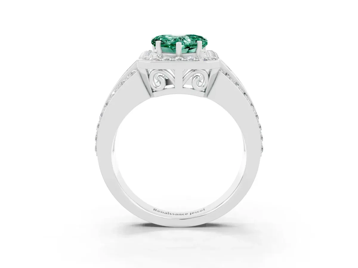 Heart Cut Halo Green Sapphire Ring with Round Split Shank and Prong Setting Silver