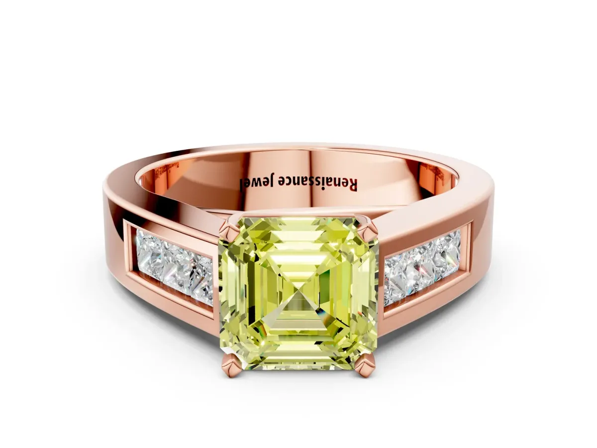 Fancy Yellow Asscher Cut Cut Channel Set Solitaire Ring with Four-Prong Setting Rose gold
