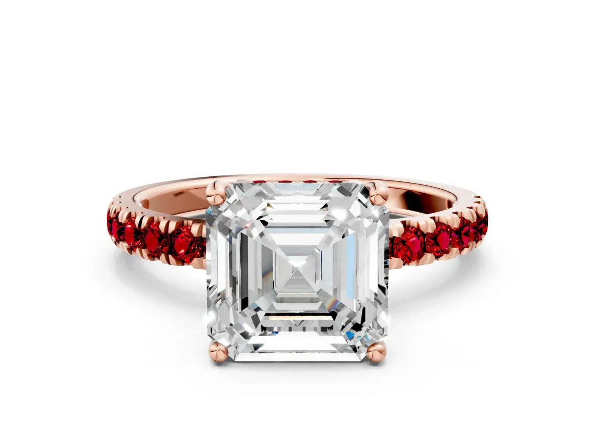 Asscher Cut Diamond Pave Band Solitaire Ring with Round Ruby and Prong Setting Rose gold