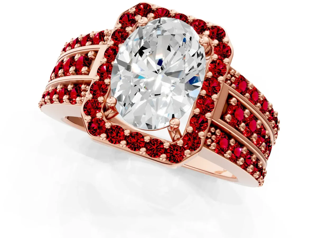 Oval Cut Halo Diamond Ring with Round Ruby Split Shank and Prong Setting Rose gold