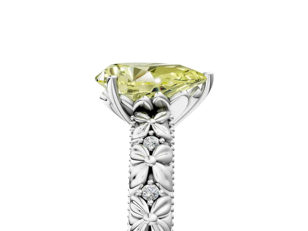 Fancy Yellow Pear Cut Solitaire Floral Milgrain Engagement Ring Platinum
