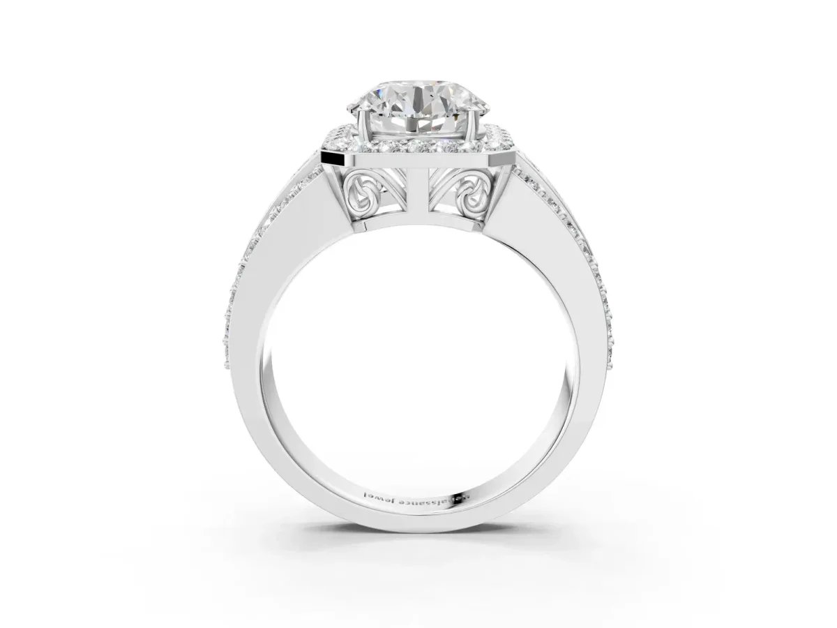 Round Cut Halo Diamond Ring with Round Moissanite Split Shank and Prong Setting Platinum