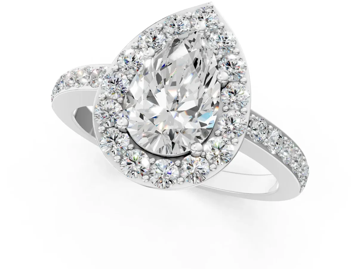 Pear Cut Halo Diamond Pavé Band Ring with Prong Setting Platinum