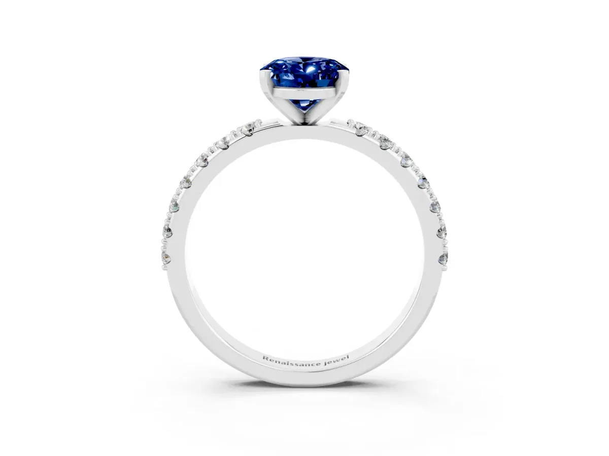 Oval Cut Blue Sapphire Solitaire Pavé Band with Four-Prong Setting Silver
