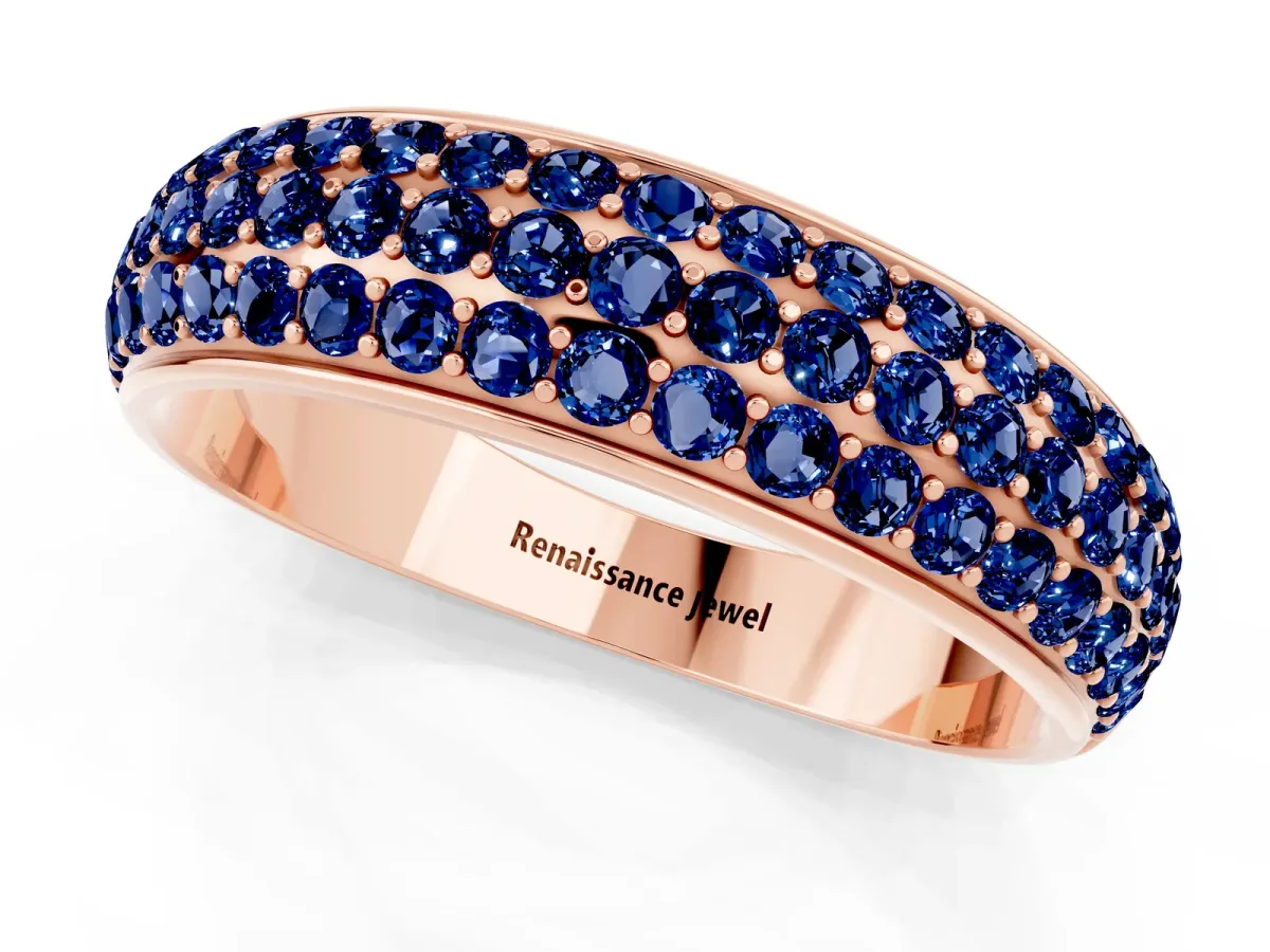 Three-Row Round Blue Sapphire Eternity Band with Shared Prong Setting Rose gold
