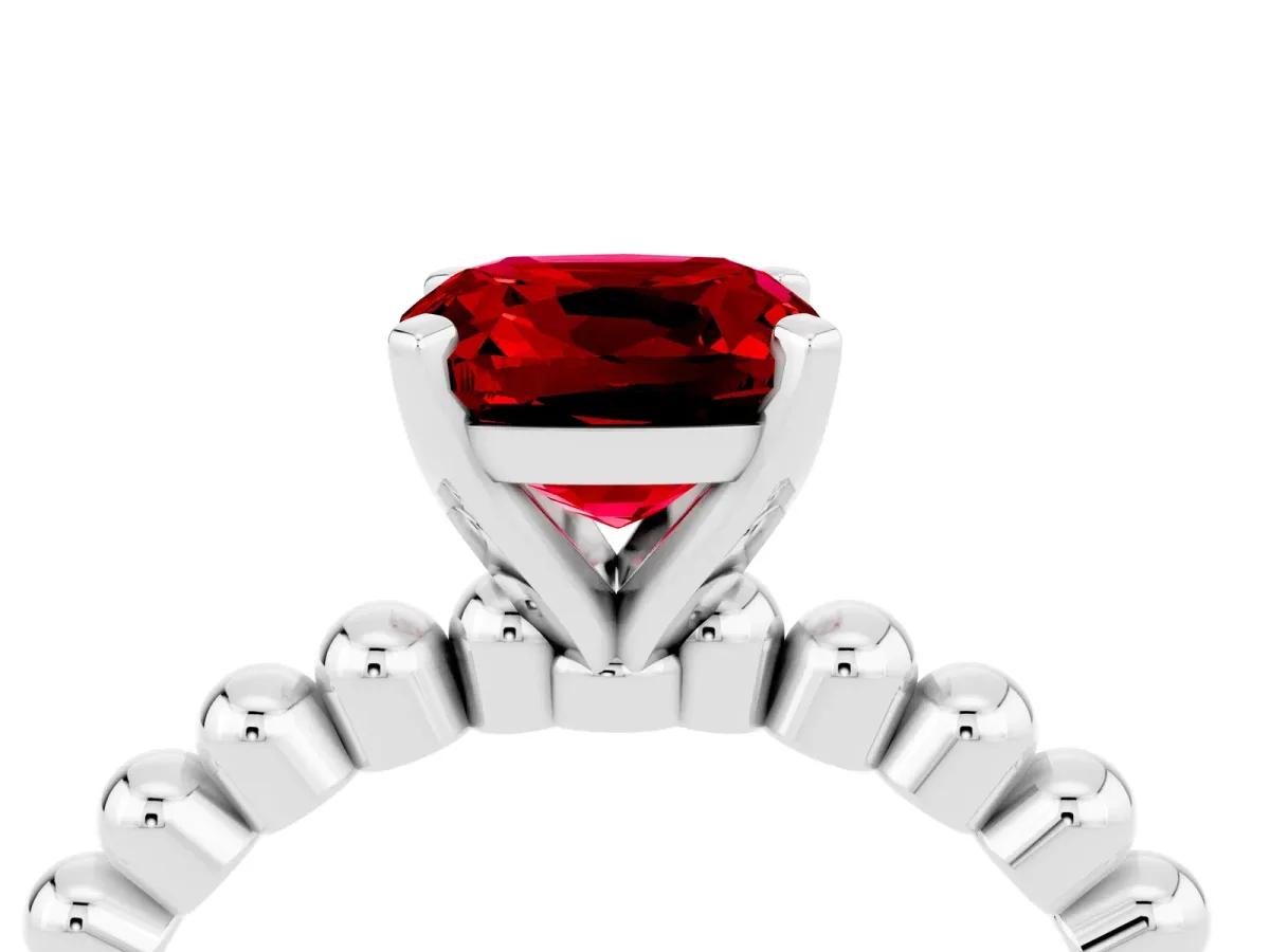 Cushion Cut Ruby Solitaire Ring with Beaded Band and Prong Setting Silver