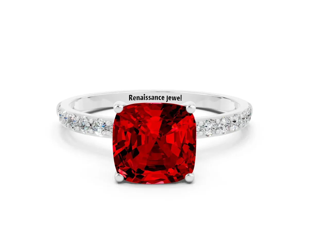 Cushion Cut Ruby Solitaire Ring with Round Pavé Band and Prong Setting Silver