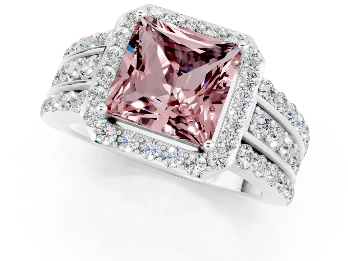 Princess Cut Halo Morganite Ring with Round Split Shank and Prong Setting Silver