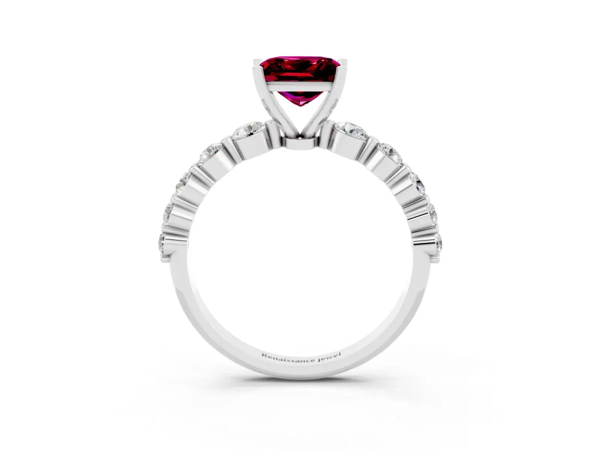 Princess Cut Solitaire Garnet Ring with Pave Band and Four-Prong Setting Platinum