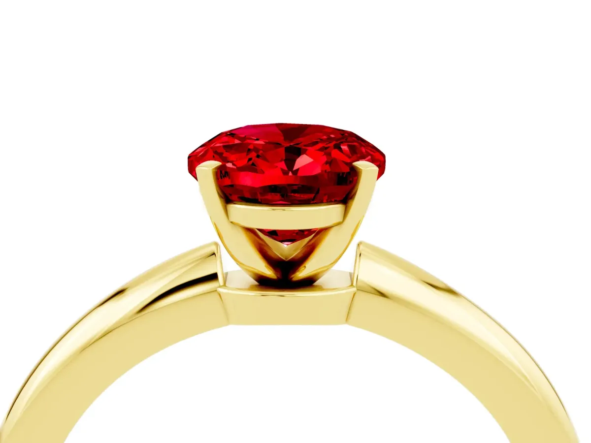 Oval Cut Ruby Solitaire Ring with Six-Prong Setting and Classic Band Yellow gold