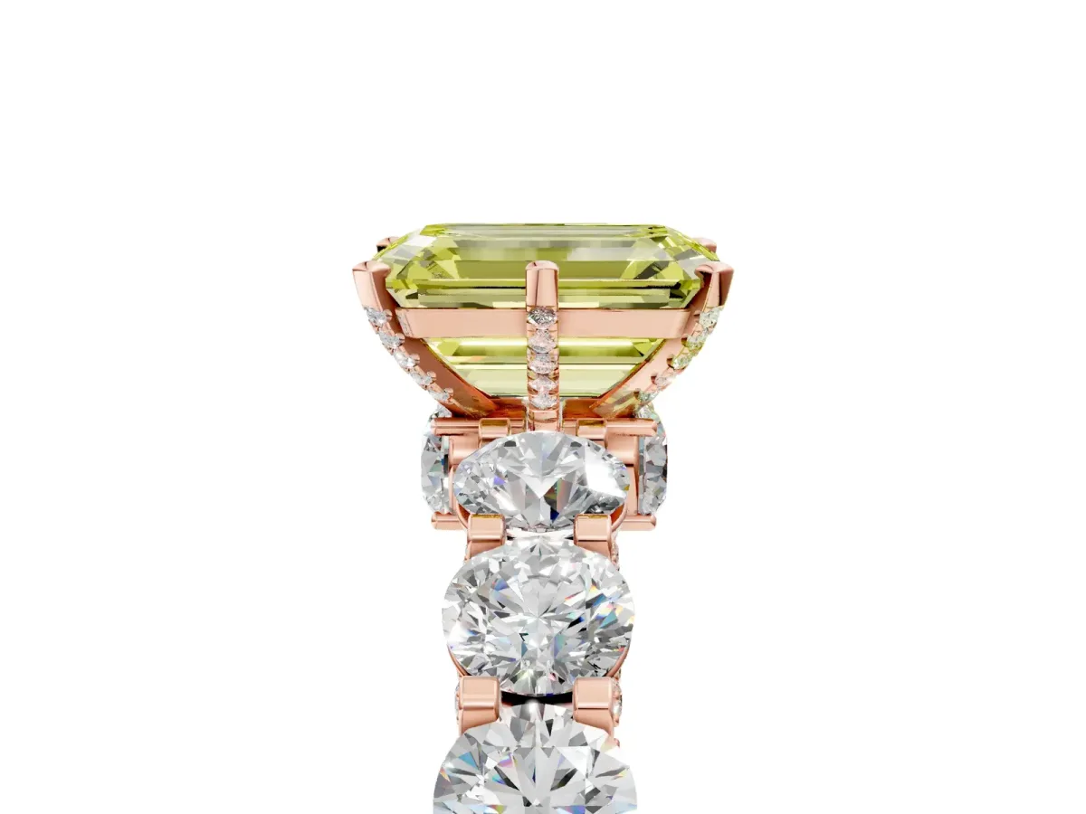 Fancy Yellow Emerald Cut Diamond Side Stone Engagement Ring with Four-Prong Setting Rose gold