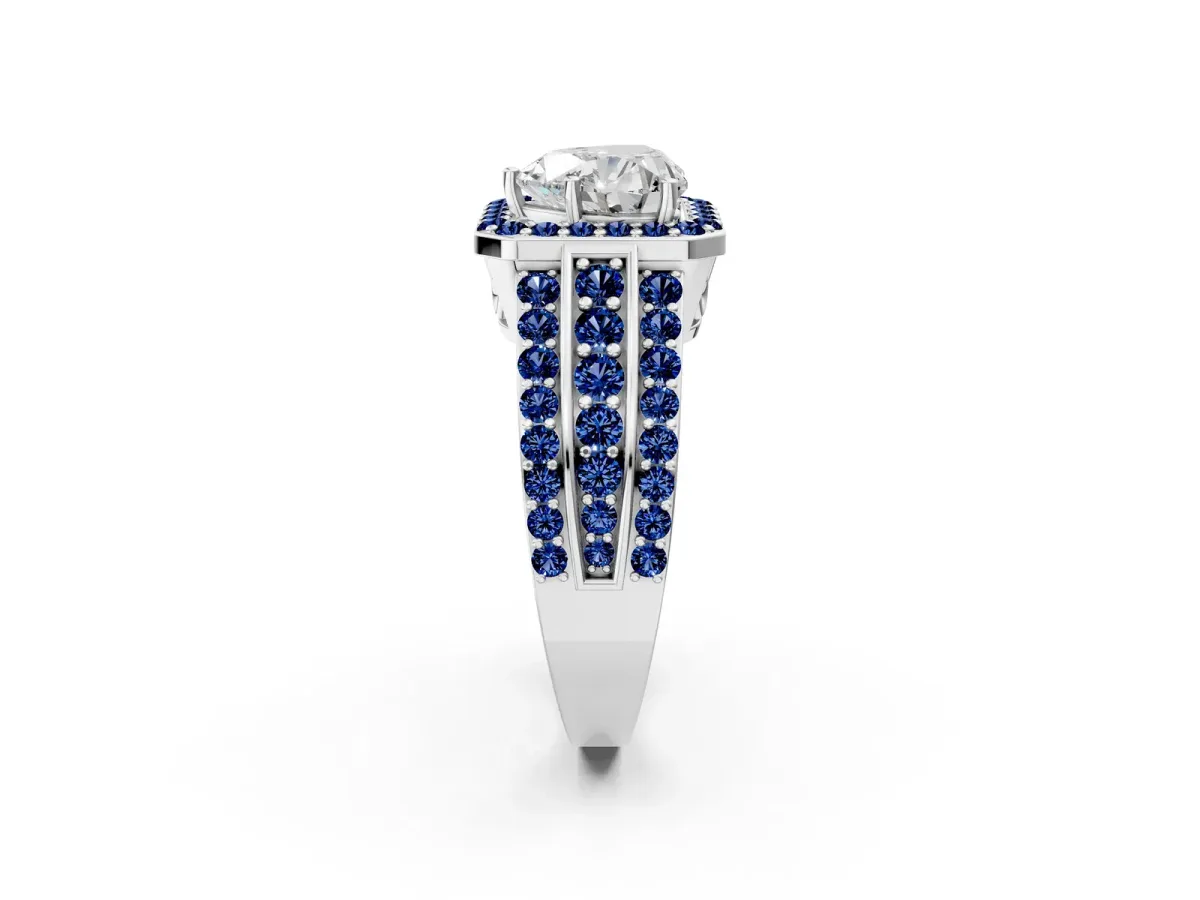 Heart Cut Halo Diamond Ring with Round Blue Sapphire Split Shank and Prong Setting Silver
