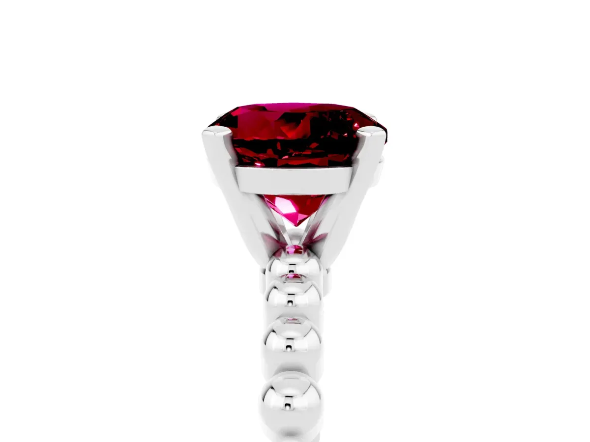Round Cut Garnet Solitaire Ring with Beaded Band and Prong Setting Silver