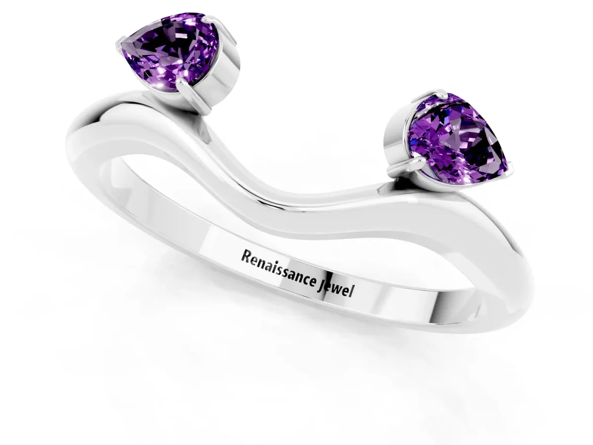 Pear Cut Amethyst Two-Stone Open Band Ring with Prong Setting White gold