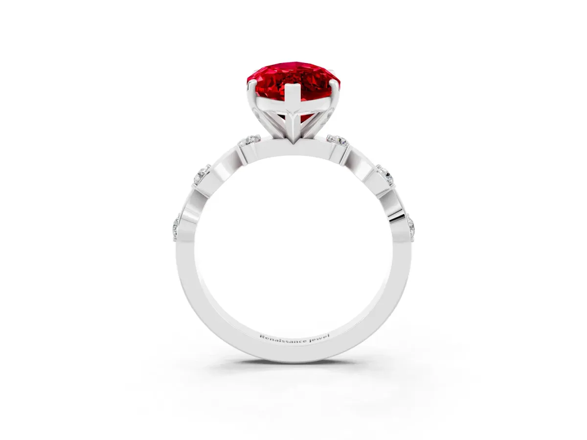 Marquise Cut Ruby Solitaire Twisted Band with Round Accents and Prong Setting Platinum