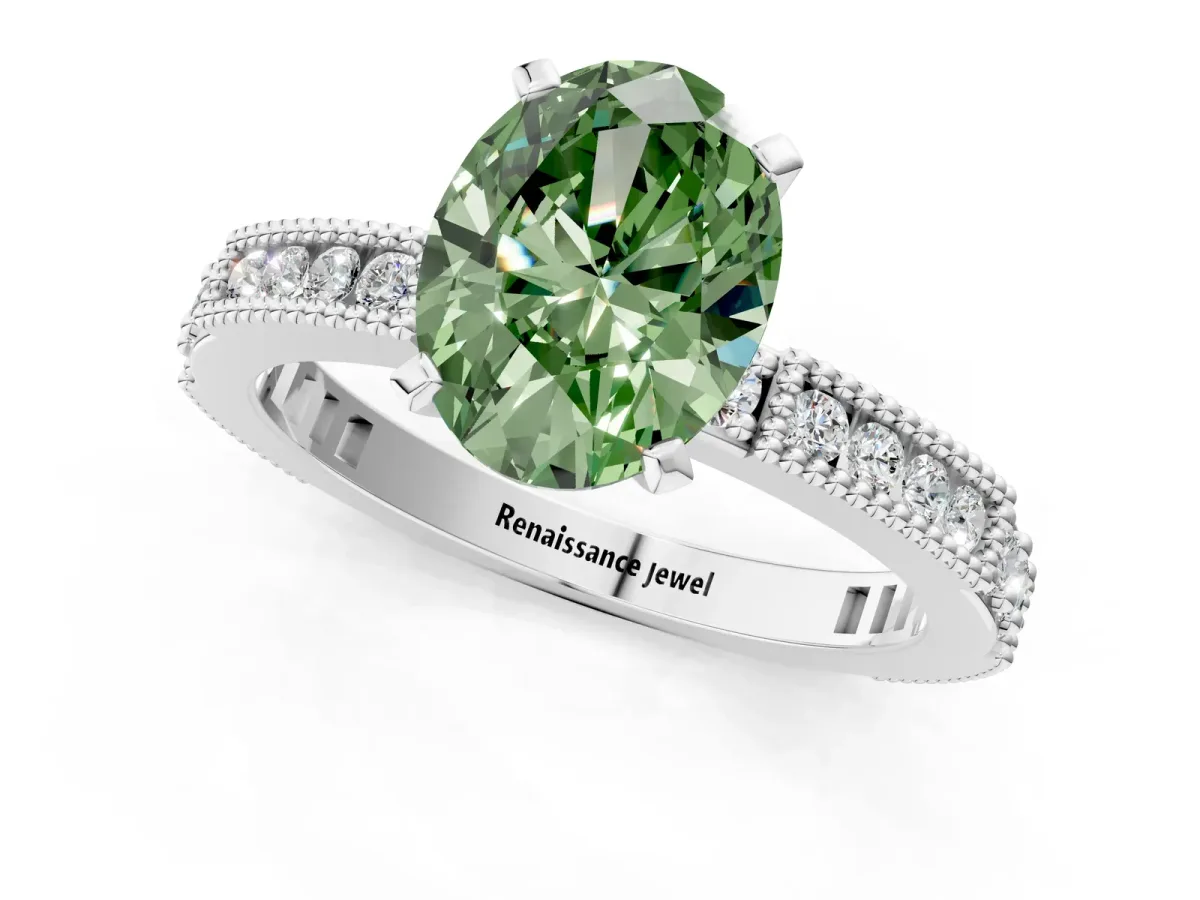 Fancy Green Oval Cut Solitaire with Pavé Band and Four-Prong Setting Platinum