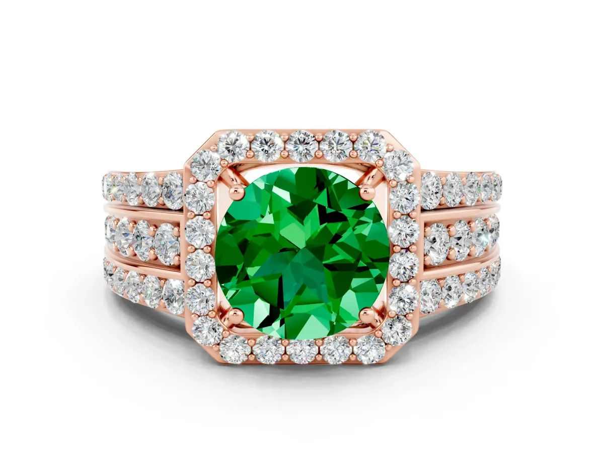 Round Cut Halo Emerald Ring with Round Split Shank and Prong Setting Rose gold