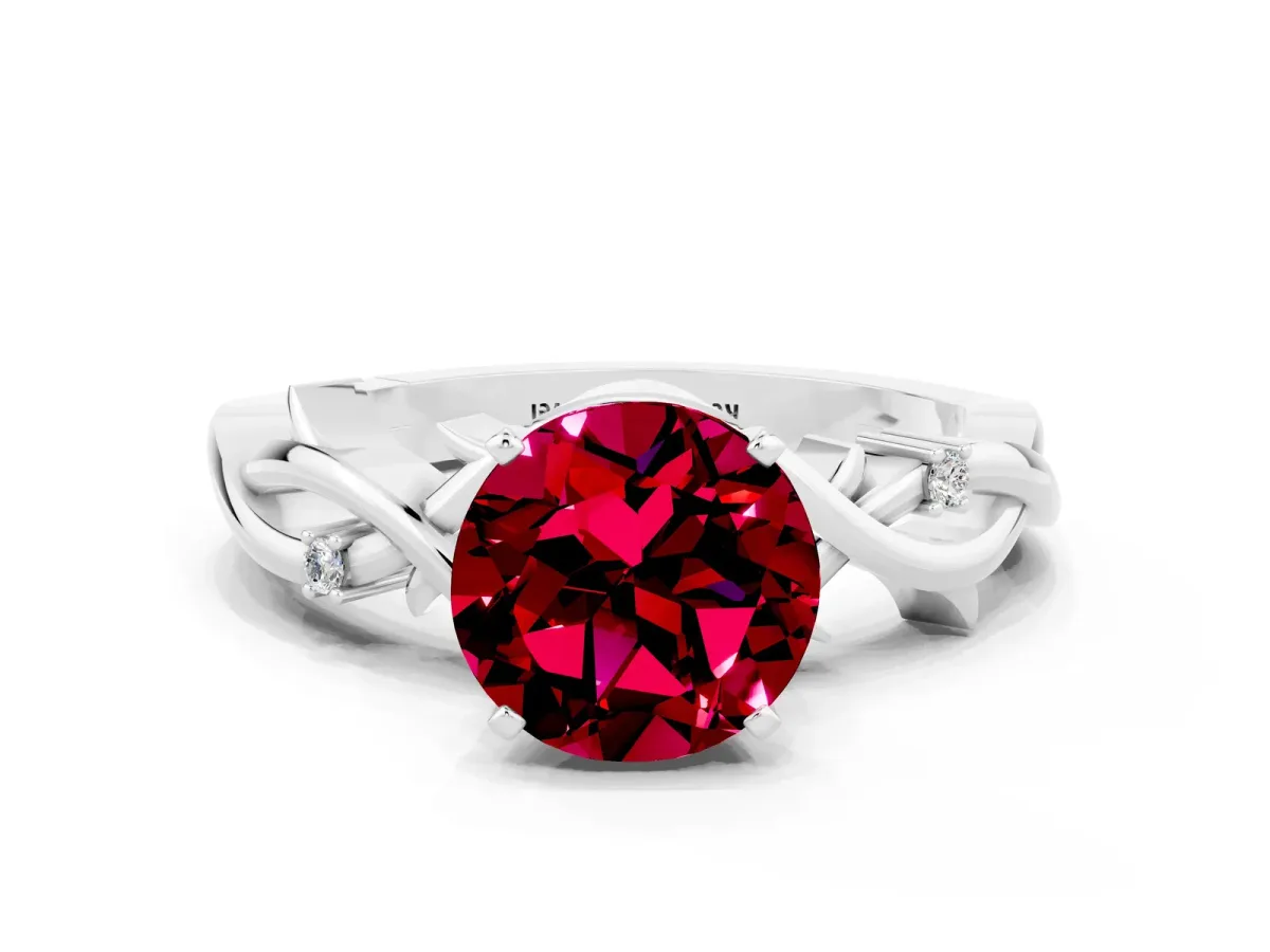 Round Cut Garnet Solitaire Ring with Twisted Band and Prong Setting Platinum