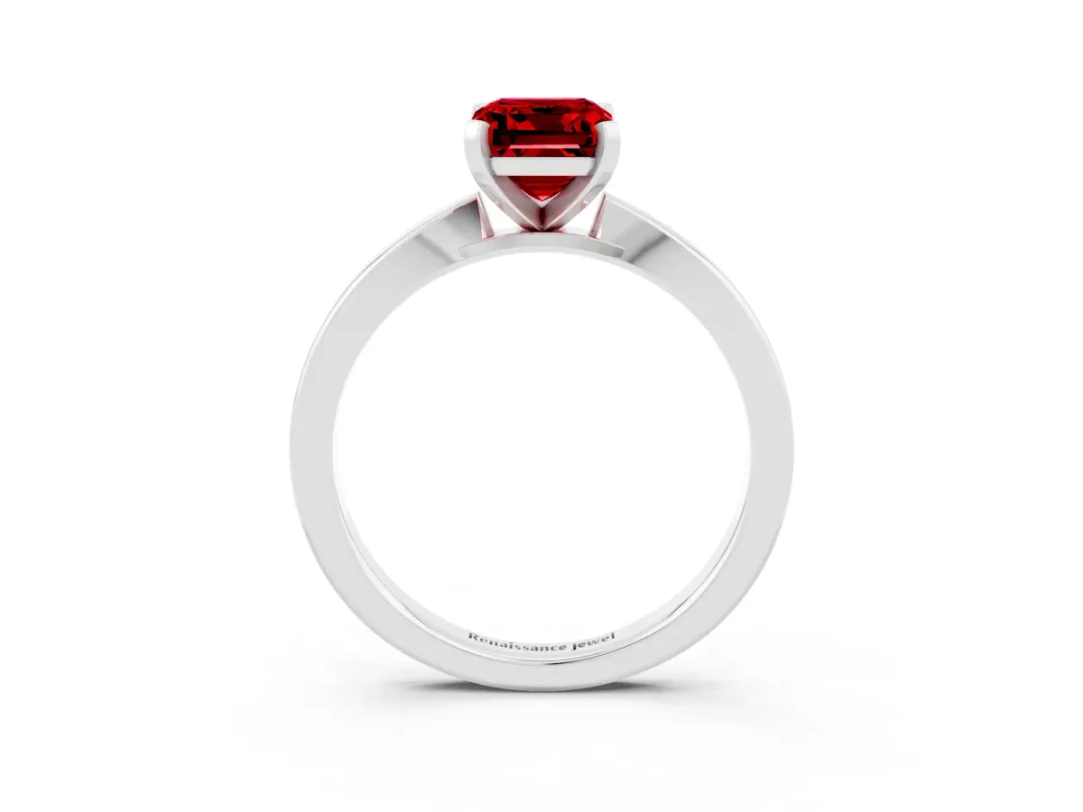 Emerald Cut Ruby Solitaire Engagement Ring with Classic Band and Four-Prong Setting Silver