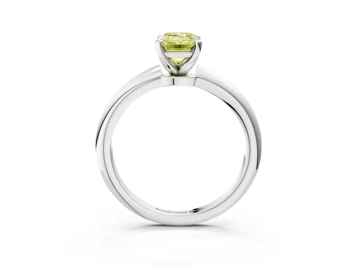 Fancy Yellow Emerald Cut Diamond Solitaire Ring with Six-Prong Setting and Classic Band Platinum
