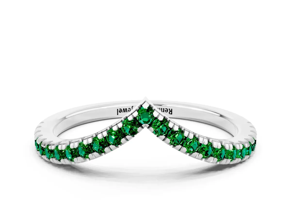 Pavé Round Emerald V-Shaped Chevron Band with Shared Prong Setting Silver