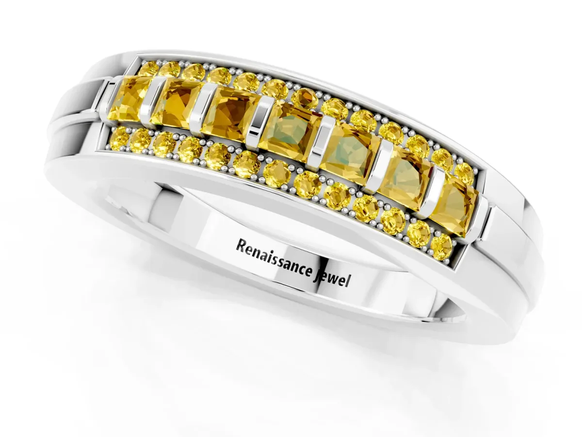 Bar-Set Princess Cut Yellow Sapphire Pavé Band Platinum