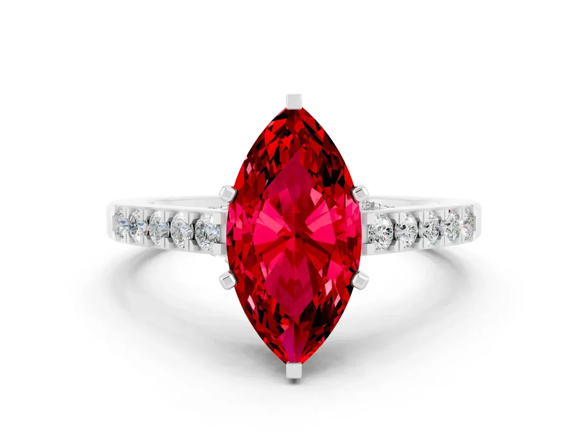 Marquise Cut Ruby Solitaire Ring with Crossover Gallery and Round Pavé Band Platinum