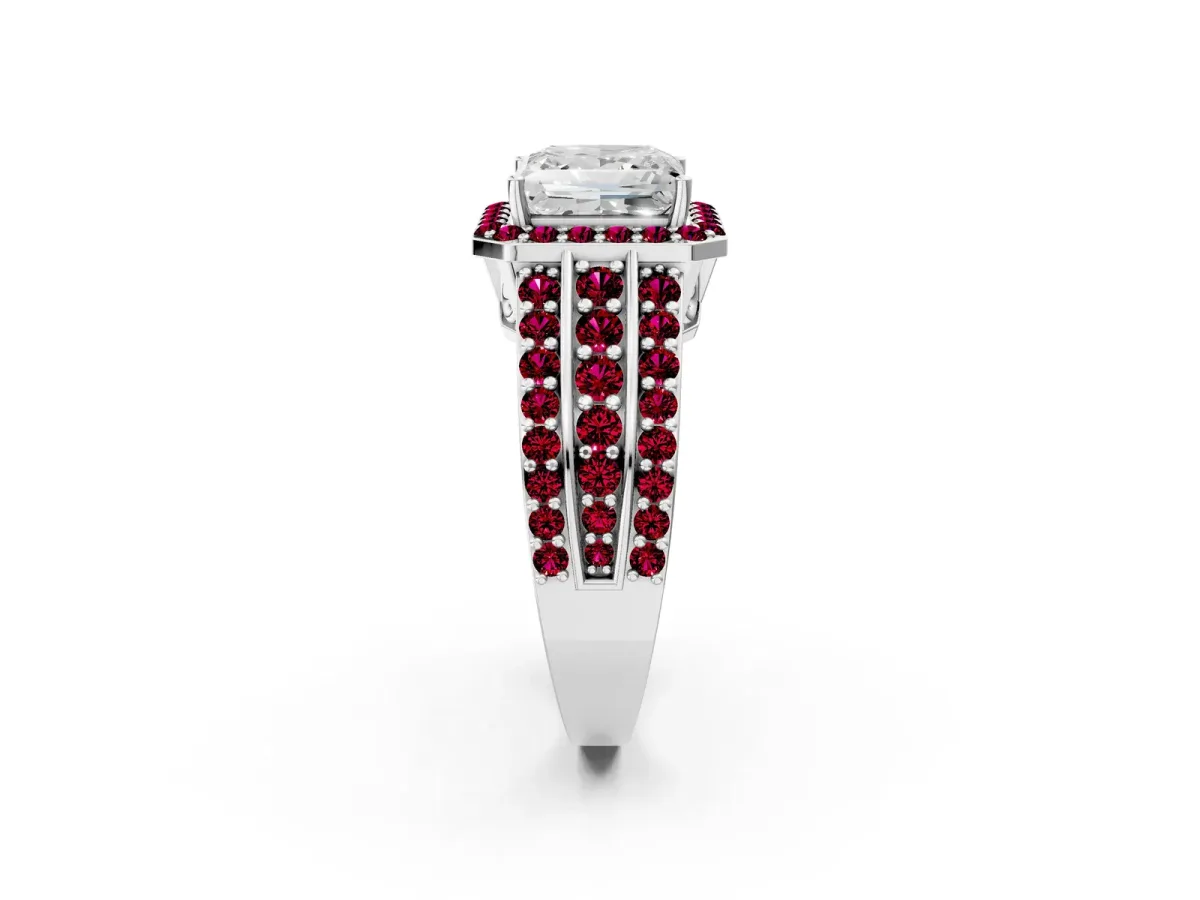 Princess Cut Halo Diamond Ring with Round Garnet Split Shank and Prong Setting Silver