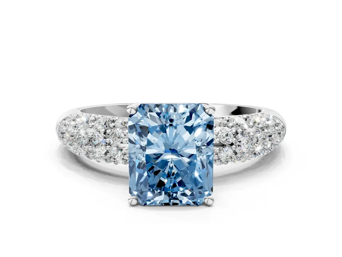 Fancy Blue Radiant Cut Diamond Pavé Band Solitaire Ring with Four-Prong Setting Platinum