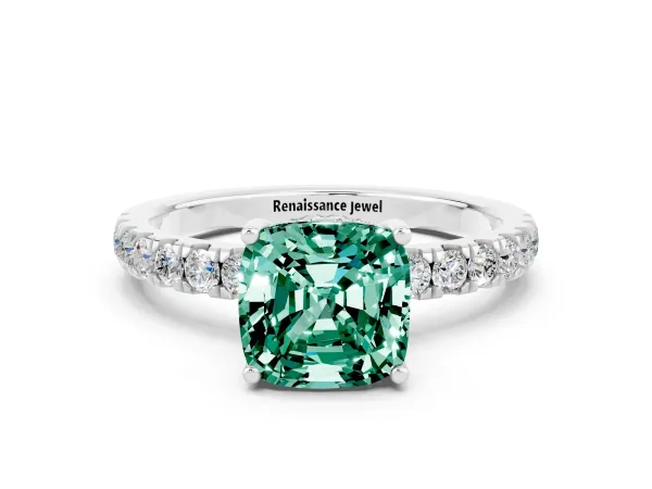 Cushion Cut Green Sapphire Pave Band Solitaire Ring with Round and Prong Setting Platinum